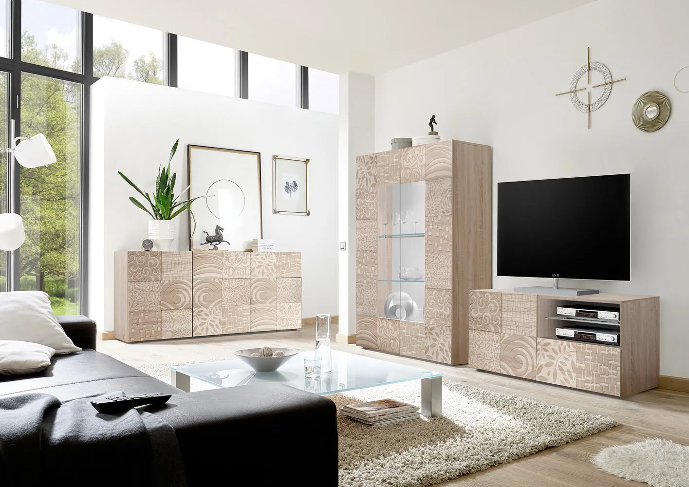 Anton - Porta tv design moderno finitura rovere serigrafata cm 122x42x57h