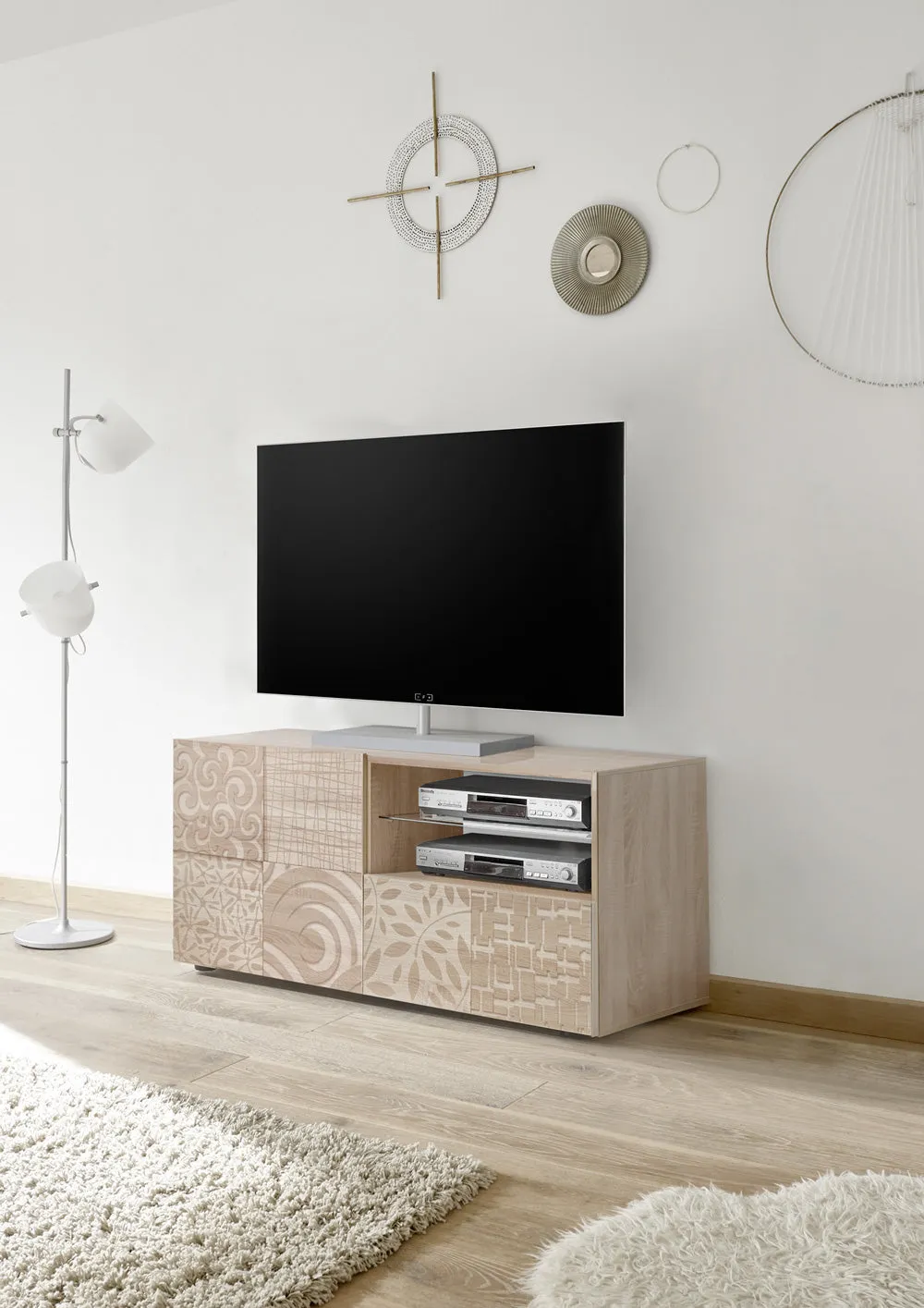 Anton - Porta tv design moderno finitura rovere serigrafata cm 122x42x57h