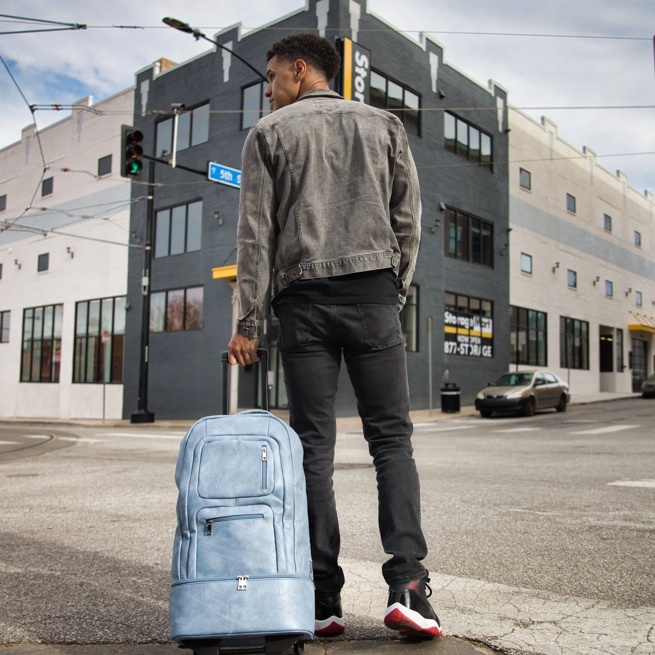 Baby Blue Tumbled Leather Roller Bag Set