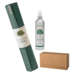 Jade Yoga Harmony Mat - Jade Green & Jade Yoga Cork Yoga Block - Small   Jade Yoga Plant Based Mat Wash - 8 oz Starter Kit