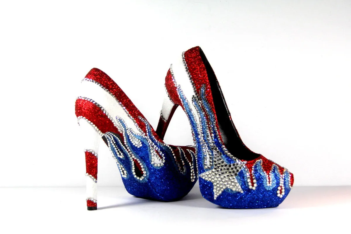 Puerto Rican Flag Glitter Crystal Heels